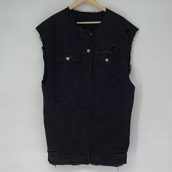 HWY‎ Jeans Button Front Distressed Raw Cut Off Denim Trucker Vest Black Large - Picture 1 of 7